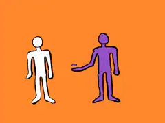 purple figure throws pill at white figure