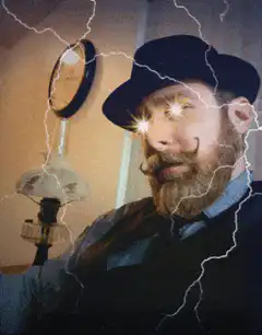 Man with glowing eyes and lightning