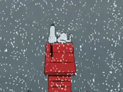 Snoopy and Woodstock on chimney in snow
