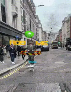 Man walking robot dog with floating text