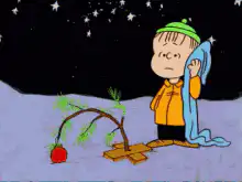 Charlie Brown decorates his Christmas tree