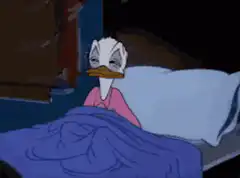 Scared Donald Duck hides under blanket