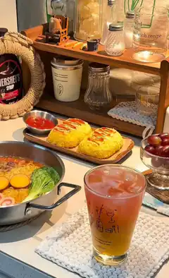 cozy meal with ramen and corn dogs