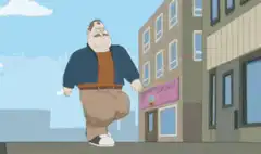 Big Head walking down the street