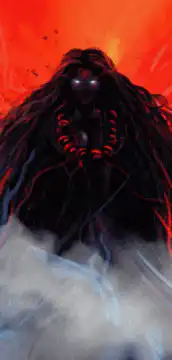 Glowing eyes demon in smoke