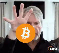 Man holding up five fingers then making a fist with Bitcoin logo