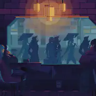 silhouettes walking past window at night