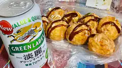 Green Label beer and takoyaki