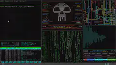 Hacker desktop with skull and matrix rain