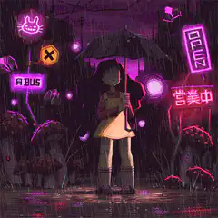 Girl with umbrella in rainy neon city