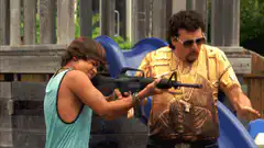 Zoolander points gun at Derek Zoolander