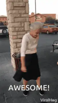 Old lady dancing by trash can