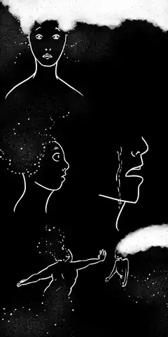 line art faces and figures in space
