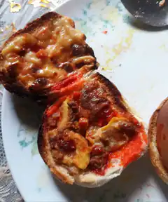 toasted bread with melted cheese and meat