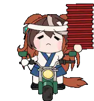 Chibi character riding a scooter with a stack of red books