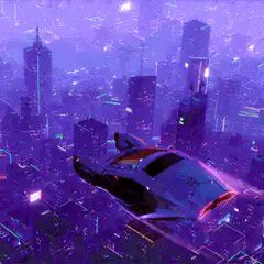 Futuristic car flying over neon city
