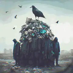 People and crows on a trash pile