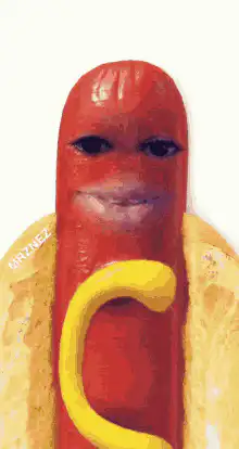 Smiling hot dog with mustard
