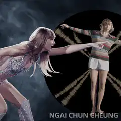 Taylor Swift points at spinning Taylor Swift