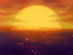 Sunset over ocean with glowing lights