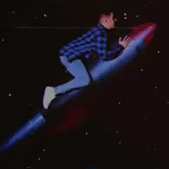 man riding rocket in space