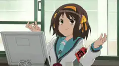 Haruhi Suzumiya presenting with laptop
