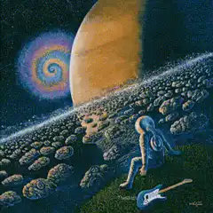 Astronaut sitting on a planet with a guitar
