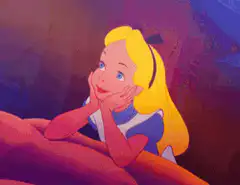 Alice daydreaming with hands on cheeks