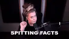 Woman pointing at camera with text spitting facts