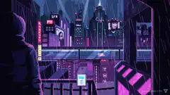 Pixel art cyberpunk city rain