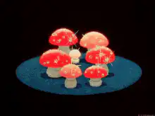 sparkling red mushrooms on blue