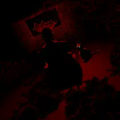 Silhouette man with cat in red room