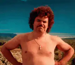 Shirtless man with curly hair and mustache