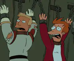 Fry and Zoidberg chained and screaming