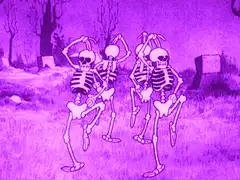 purple skeletons dancing in graveyard