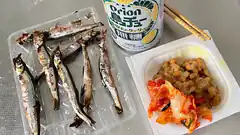 Orion beer with grilled fish and kimchi