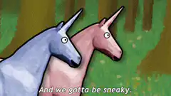 Two unicorns sneaking through the forest