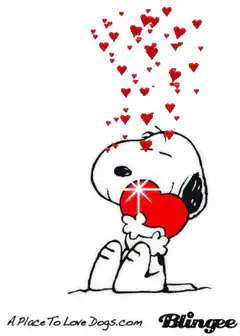 Snoopy holding a heart with floating hearts