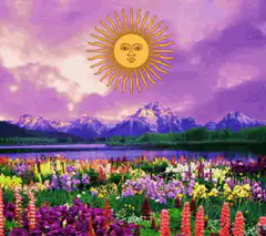 Psychedelic sun over mountains and flowers