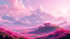 pink mountain landscape with trees