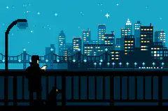 Pixel art man and dog at night