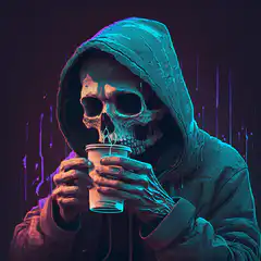 hooded skull drinking coffee