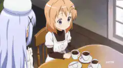 Anime girl drinks coffee and smiles