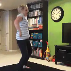 Woman falls over with wasted text