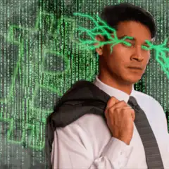 Businessman with Matrix Bitcoin laser eyes
