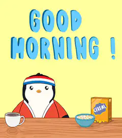 Penguin saying good morning with cereal