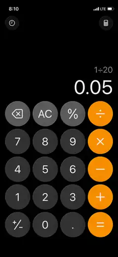 iPhone calculator showing 1+20=0.05