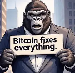 Gorilla in suit holding Bitcoin sign