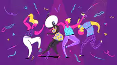 Colorful cartoon people dancing at a party