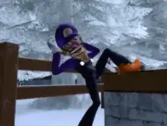 Waluigi leaning on a fence in the snow